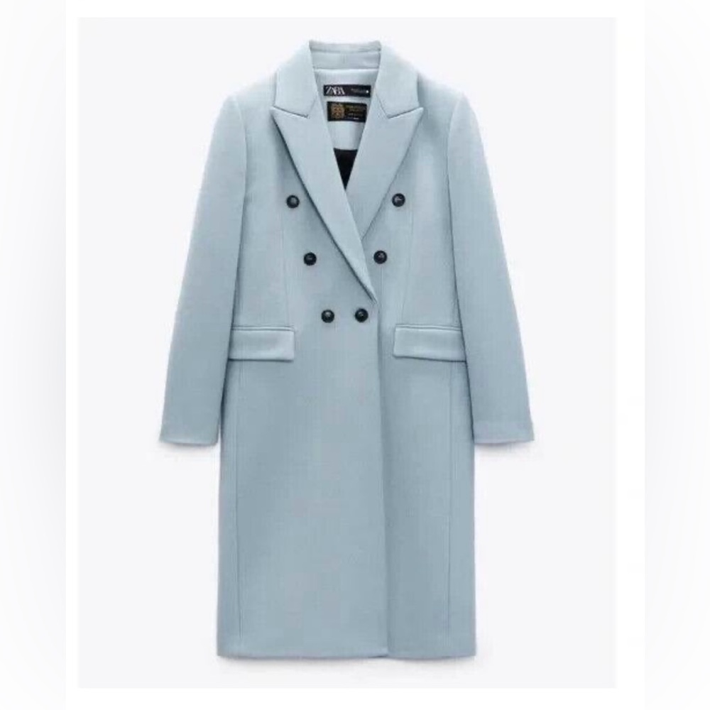 ZARA BLUE WOOL WOOLEN MANTECO COAT DOUBLE BREASTED SIZE XS